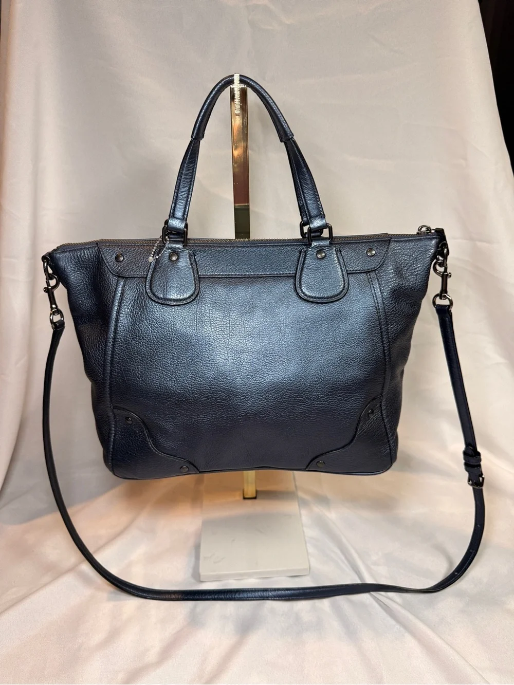 Coach Mickie Metallic Blue Pebbled Leather Tote with Removable Strap